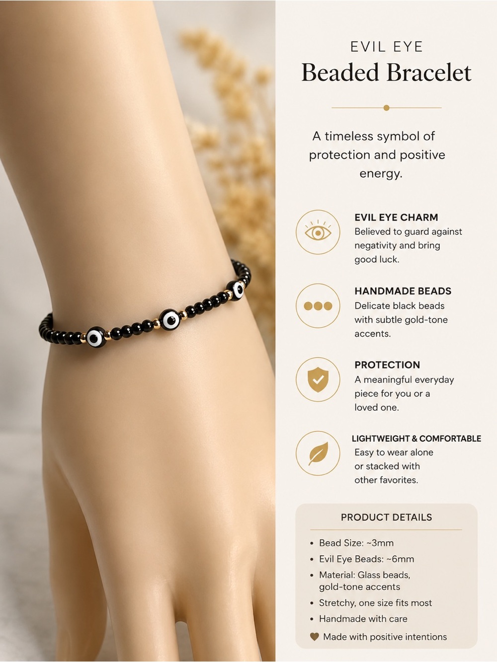 Evil Eye Beaded Bracelet - Black with Gold Accents